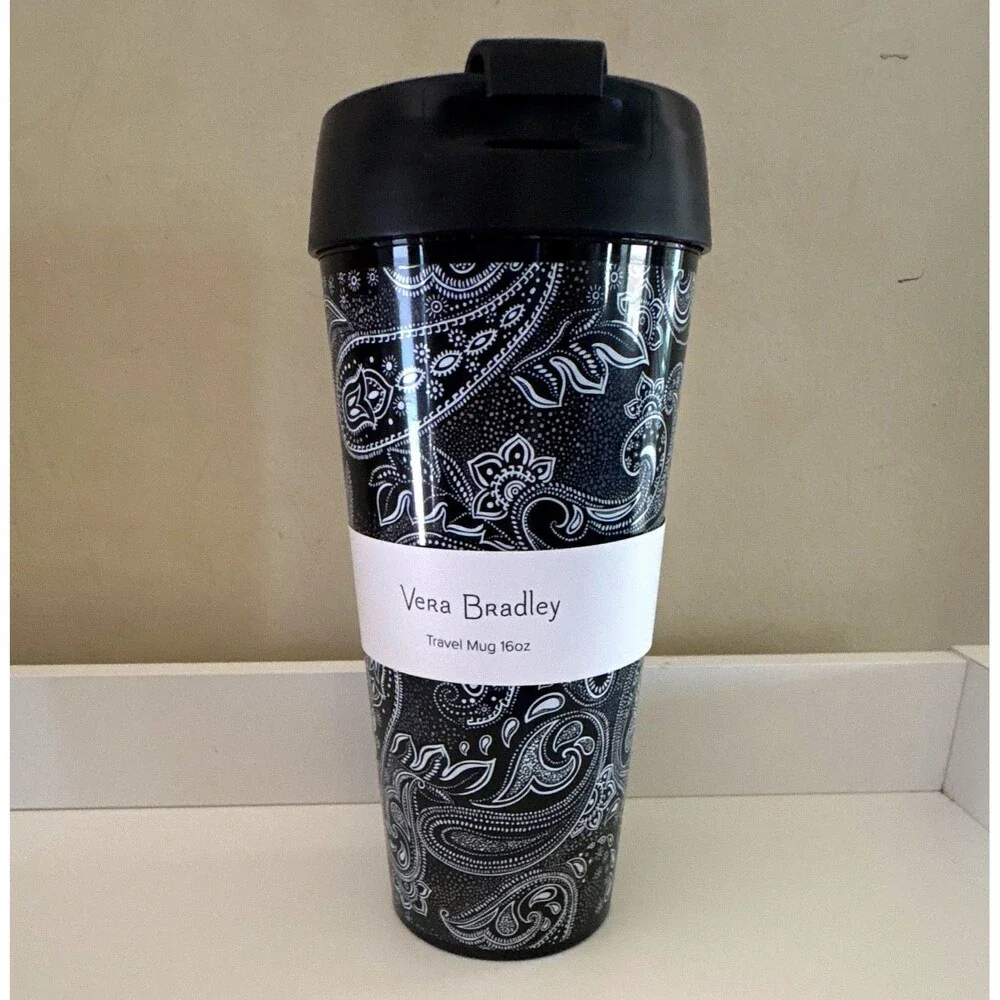 Vera Bradley Travel Mug Black/White Stellar Paisley 16 oz BPA-Free NEW